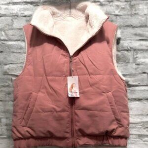 NWT Women's Reversible Sleeveless Vests Lamb Fleece Zipper Closure Size M Pink